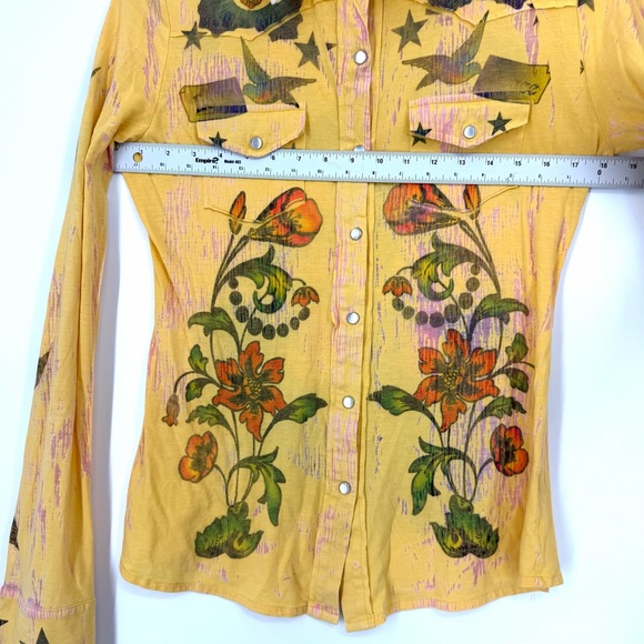 🔥Vtg Y2K Butterfly Dropout Yellow Graphic Pearl Snap Floral Western Button Shirt - Picture 8 of 14